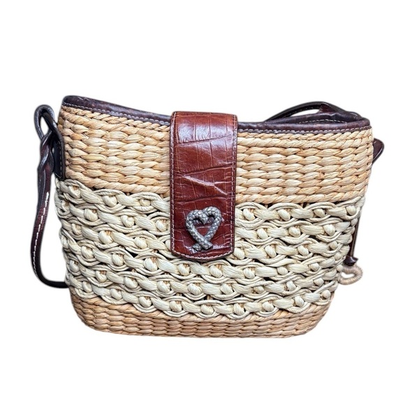 Brighton Handbags - Brighton Sadie Straw Raffia Leather Shoulder Bag
Woven Tan Brown Heart Floral.